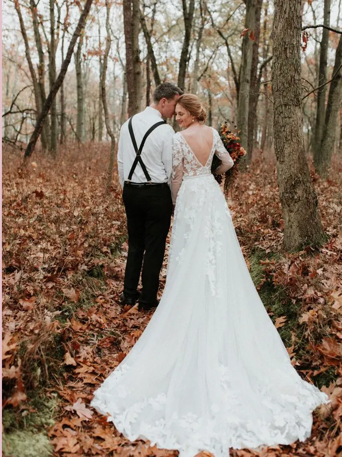 Anneprom Long Sleeve V neck Lace Tulle Boho Wedding Gowns Rustic Bridal Dress APW0299