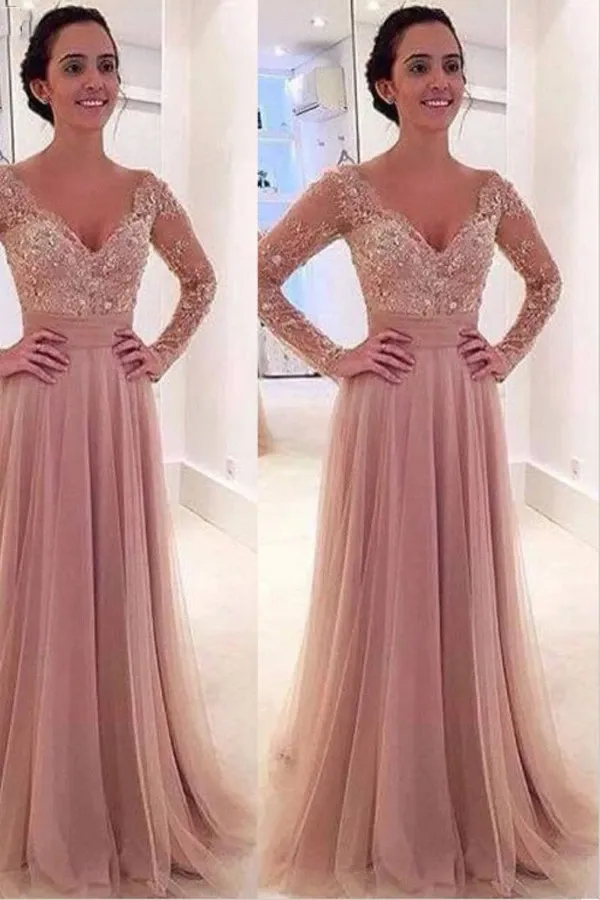 Anneprom Long Sleeves V-Neck Tulle Prom Dress With Detachable Train APP0036