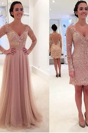 Anneprom Long Sleeves V-Neck Tulle Prom Dress With Detachable Train APP0036