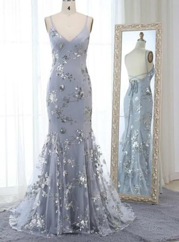 Anneprom Mermaid Deep V-Neck Sweep Train Grey Tulle Prom Dress APP0245
