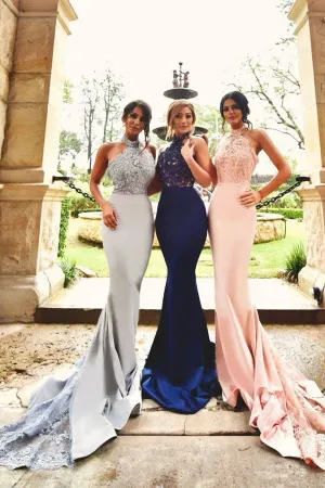 Anneprom Mermaid Halter Train Satin Sleeveless Long Prom Dress With Appliques APP0076