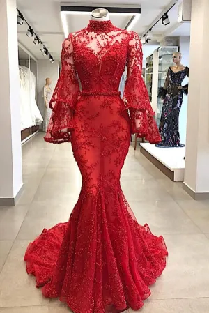 Anneprom Mermaid High Neck Red Prom Dresses Beading Long Prom Dress Evening Dress APP0395