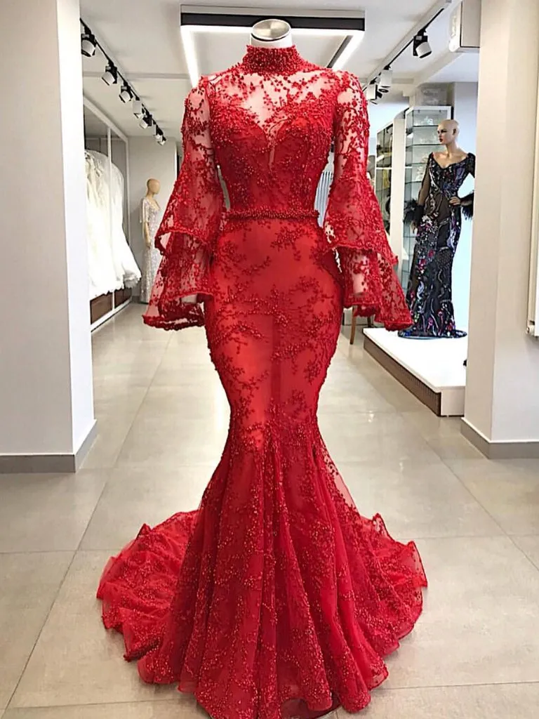 Anneprom Mermaid High Neck Red Prom Dresses Beading Long Prom Dress Evening Dress APP0395