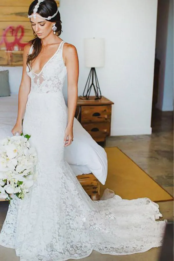 Anneprom Mermaid Lace V-Neck Court Train Beach Wedding Dress APW0110