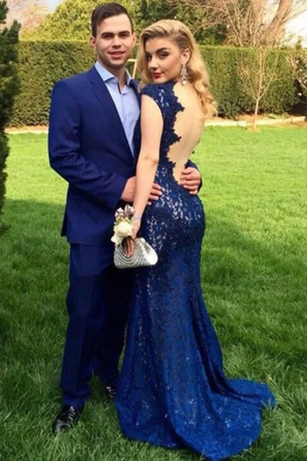 Anneprom Mermaid Lace V-Neck Prom Dress Backless Evening Dress APP0087