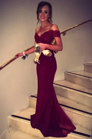 Anneprom Mermaid Off Shoulder Lace Burgundy Long Prom/Evening Dress APP0052