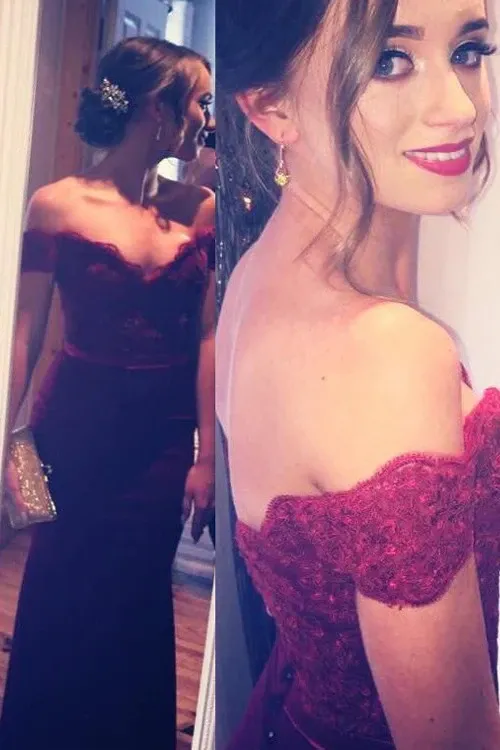 Anneprom Mermaid Off Shoulder Lace Burgundy Long Prom/Evening Dress APP0052