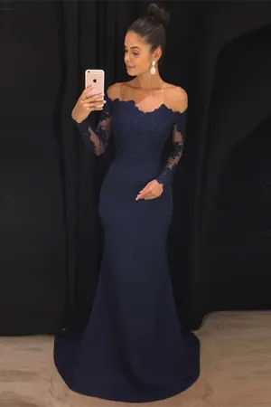 Anneprom Mermaid Off Shoulder Sweep Train Jersey Appliqued Prom Dress APP0567