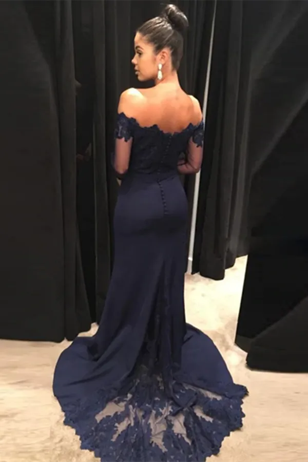 Anneprom Mermaid Off Shoulder Sweep Train Jersey Appliqued Prom Dress APP0567