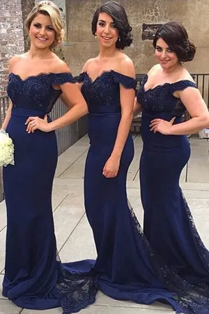 Anneprom Mermaid Off-The-Shoulder Sweep Train Navy Blue Bridesmaid/Prom Dress APB0064