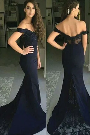 Anneprom Mermaid Off-The-Shoulder Sweep Train Navy Blue Satin Prom Dress APP0156
