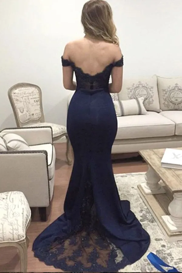 Anneprom Mermaid Off-The-Shoulder Sweep Train Navy Blue Satin Prom Dress APP0156