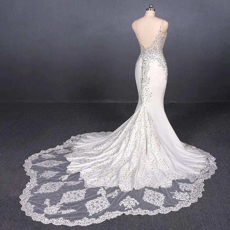 Anneprom Mermaid Spaghetti Straps Beading Wedding Dress, Elegant Appliques Bridal Dresses APW0237