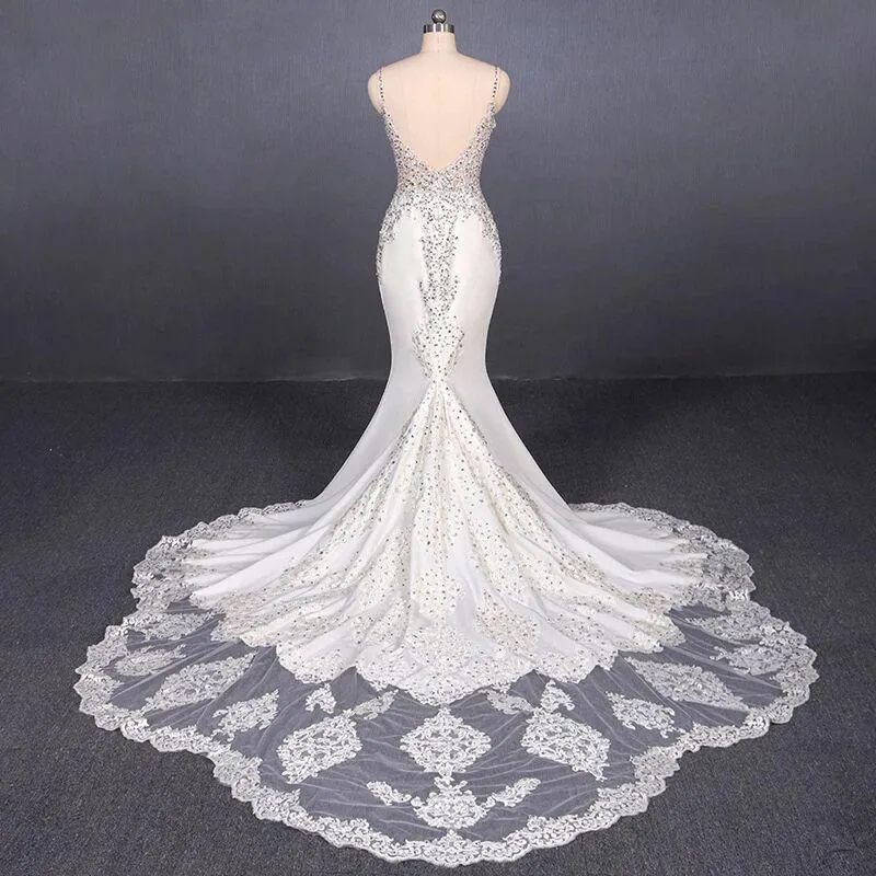Anneprom Mermaid Spaghetti Straps Beading Wedding Dress, Elegant Appliques Bridal Dresses APW0237