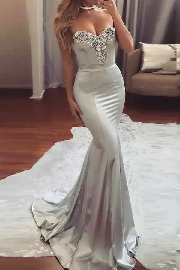 Anneprom Mermaid Sweetheart Sweep Train Satin Prom Dress With Beading APP0138