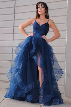 Anneprom Navy Blue Tulle A line V neck Prom Dress With Ruffles, Long Formal Dresses APP0590