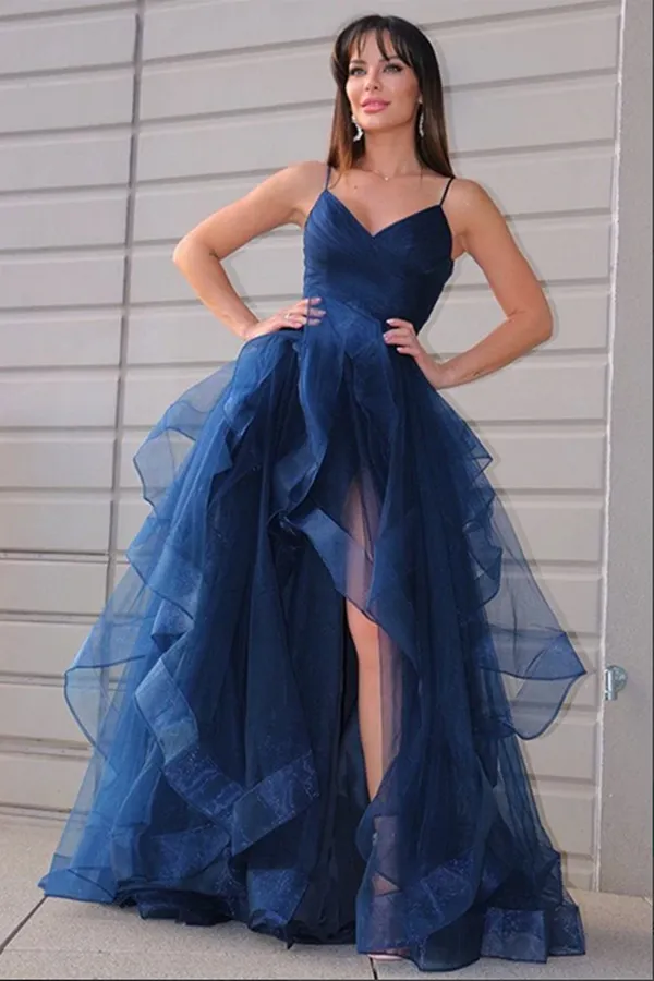 Anneprom Navy Blue Tulle A line V neck Prom Dress With Ruffles, Long Formal Dresses APP0590