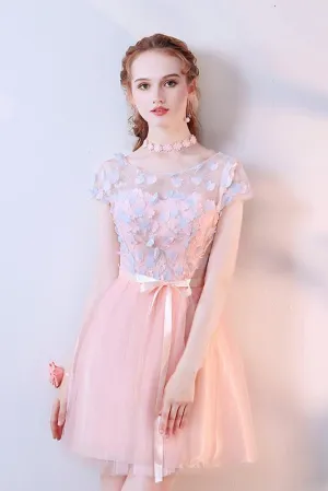Anneprom Pink A Line Tulle Cap Sleeves Short Homecoming Dresses With Flowers APH0065