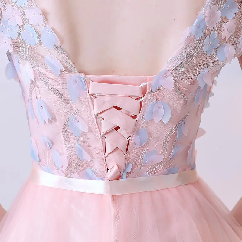 Anneprom Pink A Line Tulle Cap Sleeves Short Homecoming Dresses With Flowers APH0065