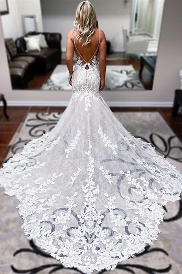 Anneprom Romantic A line Spaghetti Straps Lace Wedding Dress Tulle Applique Bridal Gowns APW0387