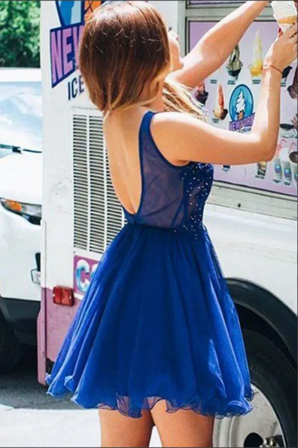 Anneprom Royal Blue Tulle A line V neck Beaded Homecoming Dress With Appliques APH0166