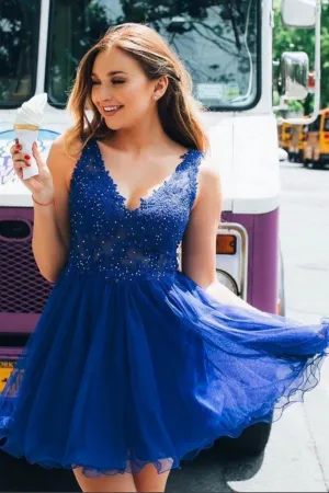 Anneprom Royal Blue Tulle A line V neck Beaded Homecoming Dress With Appliques APH0166