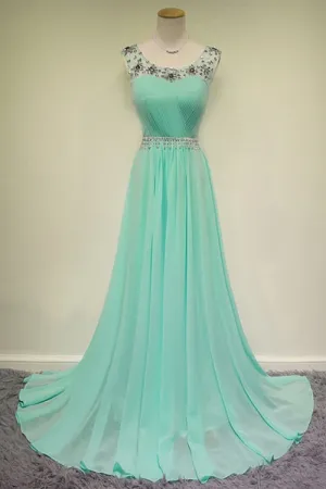 Anneprom Scoop Beading Chiffon Green Long Evening/Prom Dress APP0018