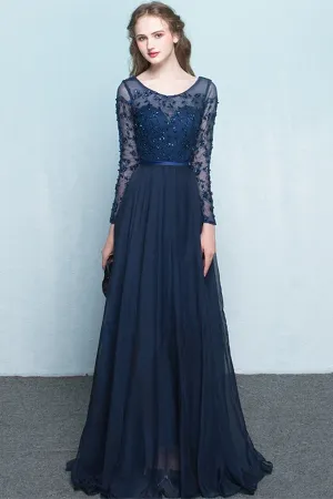 Anneprom Scoop Chiffon Neck Long Sleeves Beading Evening Dress Prom Dress APP0082