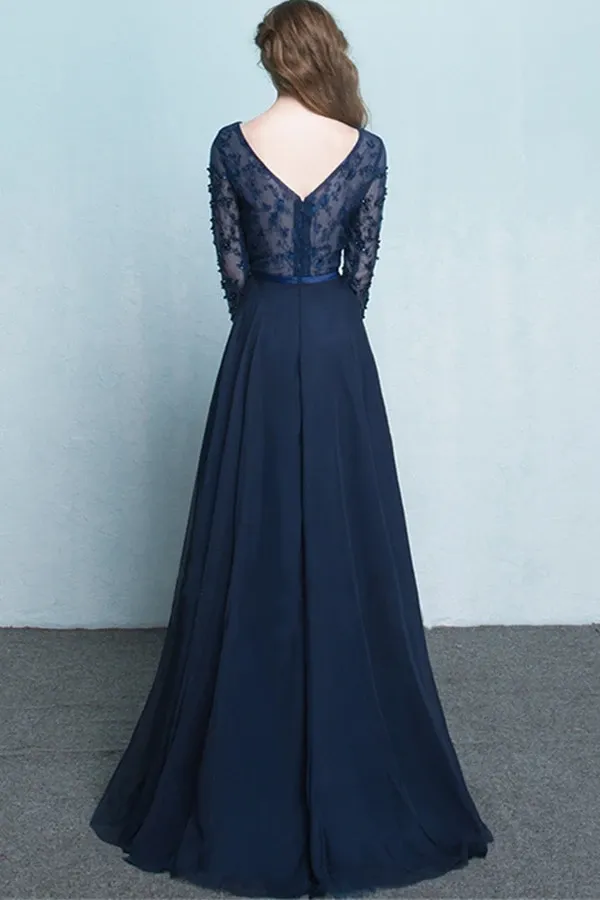 Anneprom Scoop Chiffon Neck Long Sleeves Beading Evening Dress Prom Dress APP0082