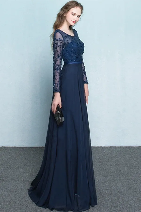 Anneprom Scoop Chiffon Neck Long Sleeves Beading Evening Dress Prom Dress APP0082