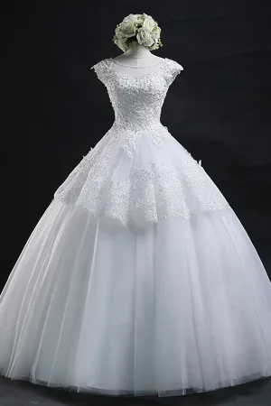 Anneprom Scoop Long Lace-Up Tulle Wedding Dress Ball Gown With Appliques APW0019