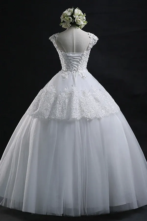 Anneprom Scoop Long Lace-Up Tulle Wedding Dress Ball Gown With Appliques APW0019