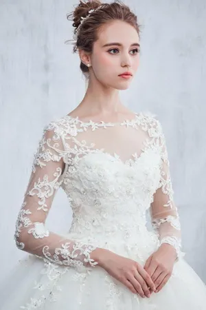 Anneprom Scoop Neck Beaded Appliques Ball Gown Wedding Dress With Sleeves APW0050