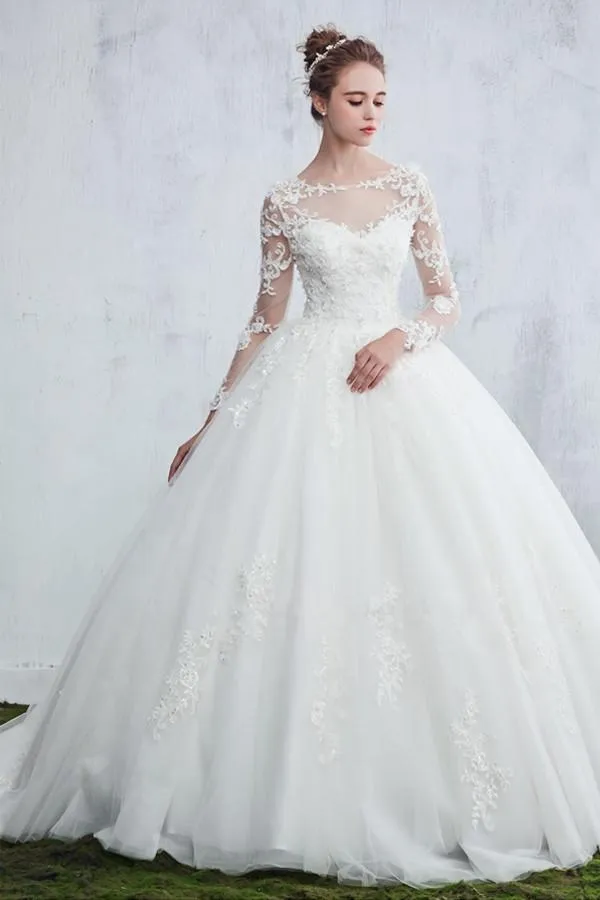 Anneprom Scoop Neck Beaded Appliques Ball Gown Wedding Dress With Sleeves APW0050