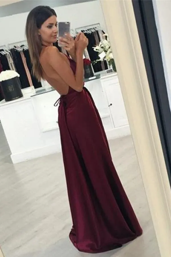 Anneprom Sexy A-Line Halter Burgundy Long Prom Dress Formal Evening Dress APP0152