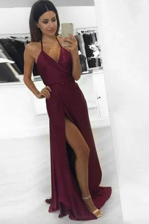Anneprom Sexy A-Line Halter Burgundy Long Prom Dress Formal Evening Dress APP0152