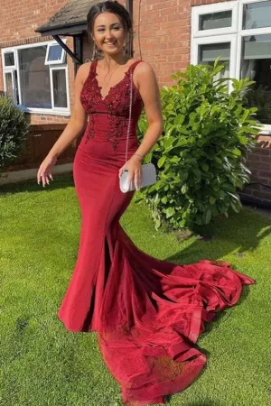 Anneprom Sexy Red Mermaid Long Prom Formal Dresses with Appliques APP0506
