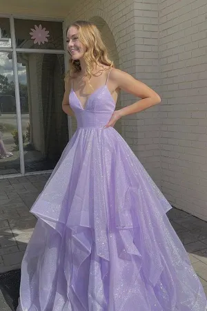 Anneprom Shiny V Neck Fluffy Lavender Long Prom Dress, Spaghetti Straps Long Formal Evening Dress APP0494