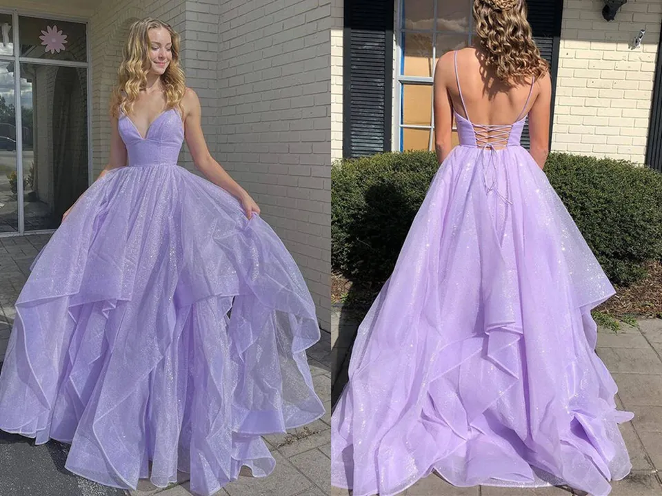 Anneprom Shiny V Neck Fluffy Lavender Long Prom Dress, Spaghetti Straps Long Formal Evening Dress APP0494