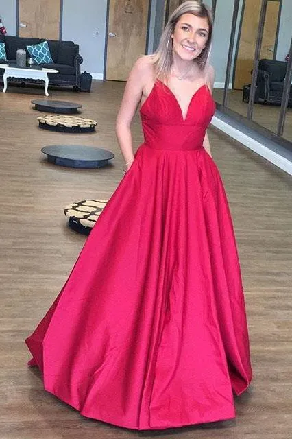 Anneprom Simple A Line Spaghetti Straps V Neck Prom Dresses with Pockets, Backless Long Dance Dress APP0400