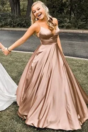 Anneprom Simple A Line Spaghetti Straps V Neck Prom Dresses with Pockets, Backless Long Dance Dress APP0400