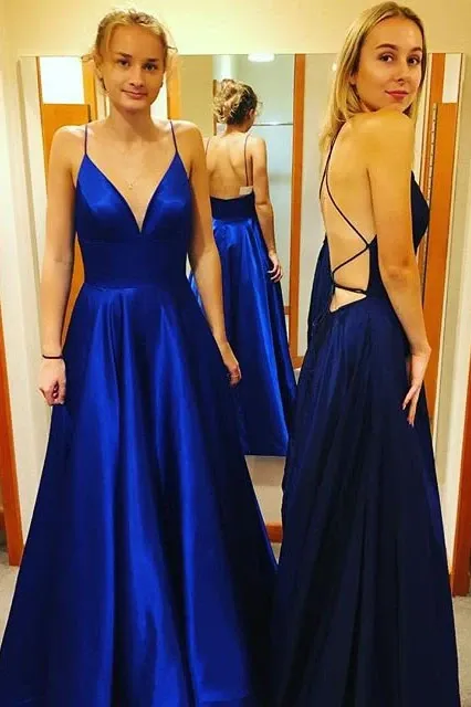 Anneprom Simple A Line Spaghetti Straps V Neck Prom Dresses with Pockets, Backless Long Dance Dress APP0400