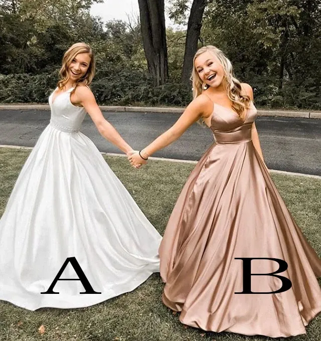 Anneprom Simple A Line Spaghetti Straps V Neck Prom Dresses with Pockets, Backless Long Dance Dress APP0400