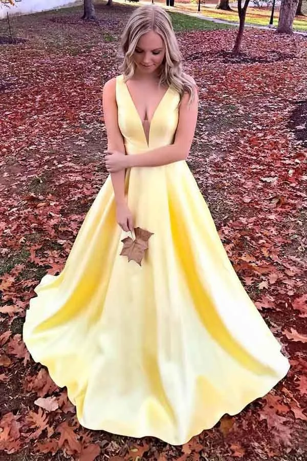 Anneprom Simple A-Line V-Neck Satin Cheap Prom Dresses With Pocket APP0241