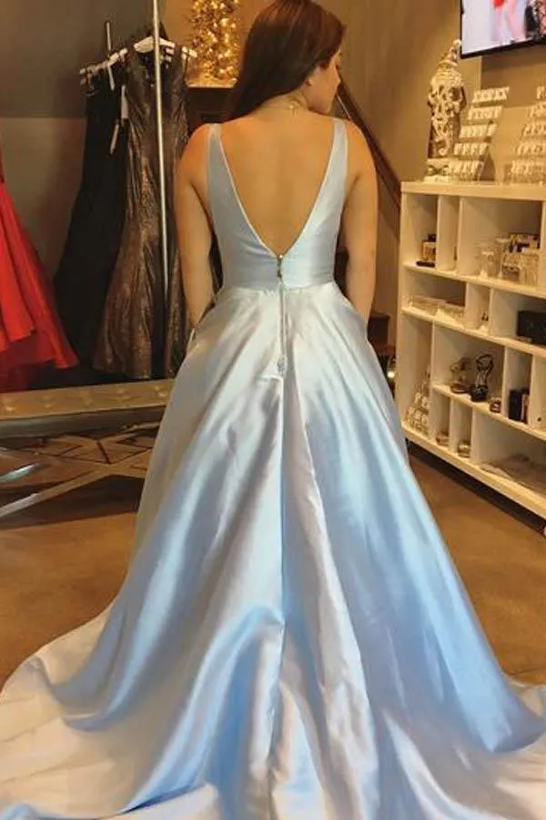 Anneprom Simple A-Line V-Neck Satin Cheap Prom Dresses With Pocket APP0241