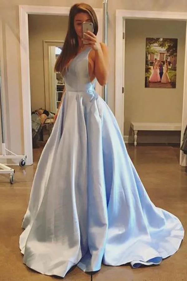 Anneprom Simple A-Line V-Neck Satin Cheap Prom Dresses With Pocket APP0241