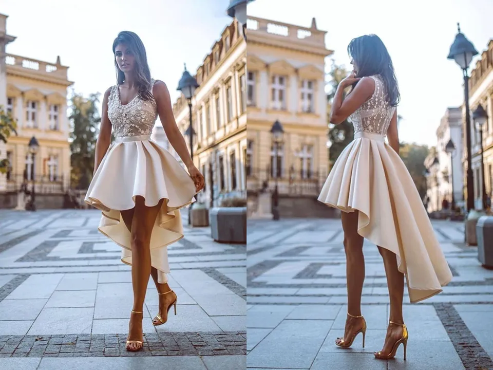 Anneprom  Simple High Low V Neck Lace Satin Homecoming Dresses Straps Short Cocktail Dresses  APH0121