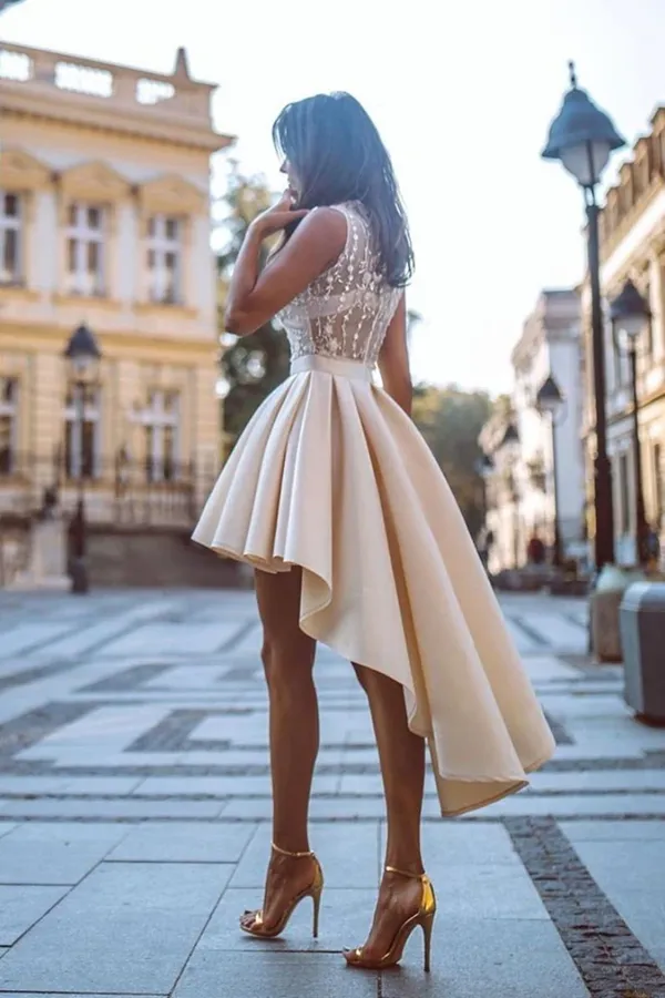 Anneprom  Simple High Low V Neck Lace Satin Homecoming Dresses Straps Short Cocktail Dresses  APH0121