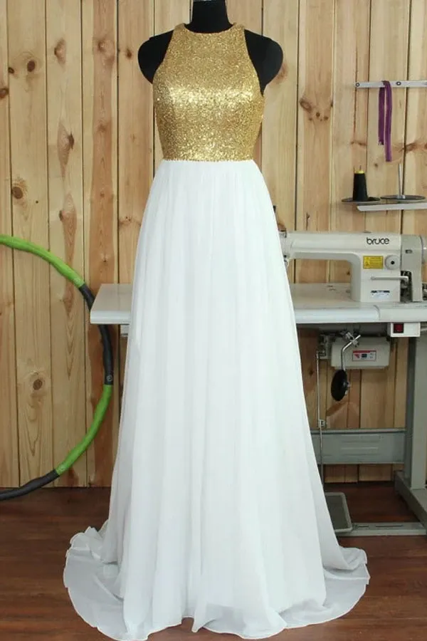 Anneprom Simple Round Neck Sweep Train Open Back White Prom Dresses With Sequins APP0115