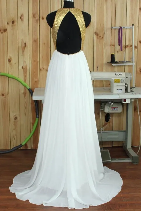 Anneprom Simple Round Neck Sweep Train Open Back White Prom Dresses With Sequins APP0115